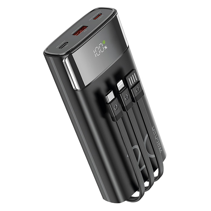 Внешний аккумулятор Power Bank 20000 mAh WALKER WB-625, 22,5W c 3 встроенными кабелями, черный