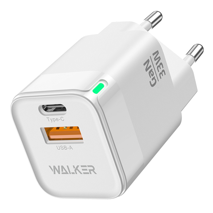 Сетевой адаптер WALKER WH-43 GaN, 3A, 33W, USB+USB-C, QC 3.0 + PD, белый