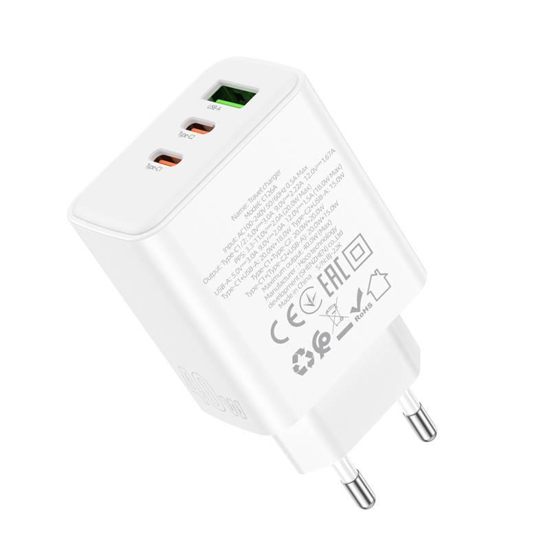 Сетевой адаптер HOCO C126A Pure USB + 2 USB-C, PD40W+ QC3.0, белый