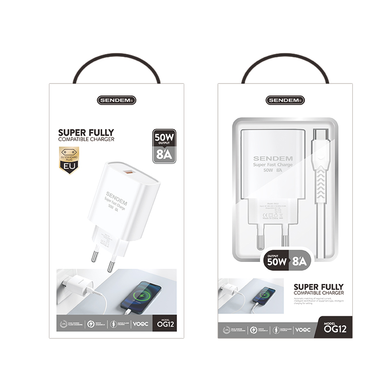 Сетевой USB адаптер SENDEM OG12 с кабелем Lightning (QC3.0, 5000mA), белый