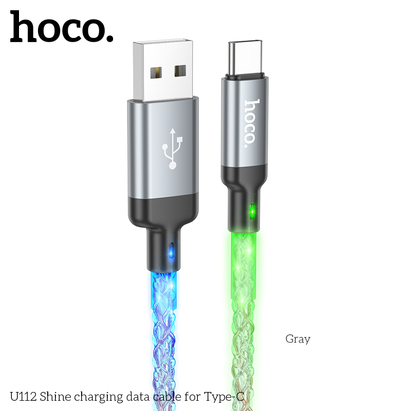 USB кабель Type-C HOCO U112 светящийся (100см. 3.0A), серый