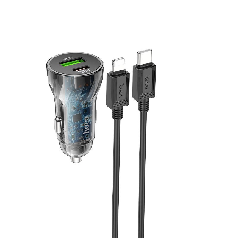 Автомобильный адаптер HOCO Z47A PD30W + QC3.0 с кабелем Type-C to Lightning, черный