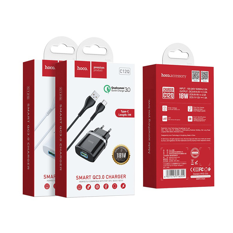 Сетевой адаптер HOCO C12Q QC3. 0 с кабелем Type-C, белый