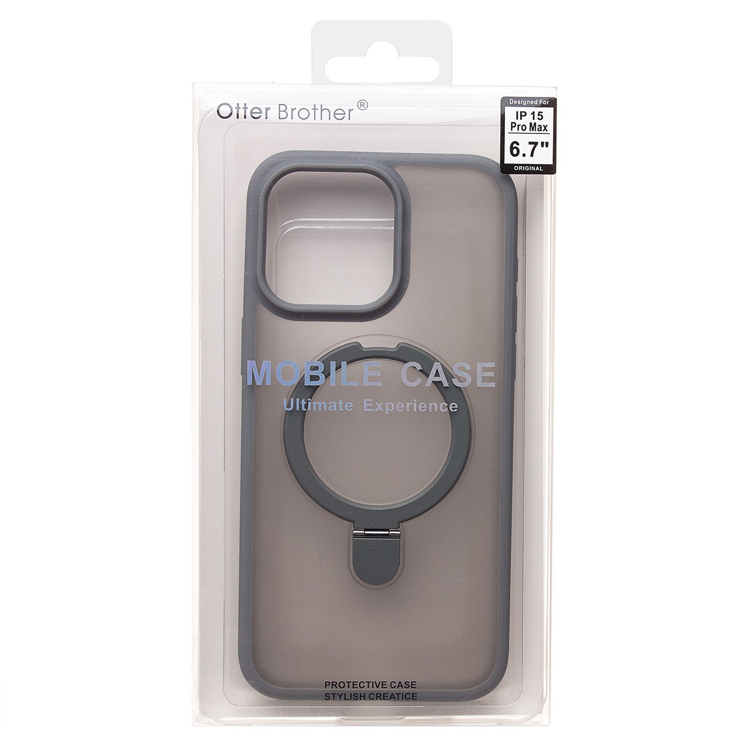 Чехол силиконовый MagSafe iPhone 15 Pro Max, с кольцом подставкой, серый