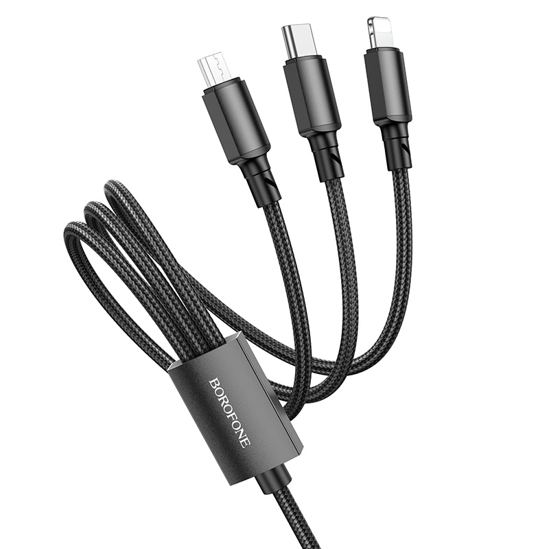 USB кабель BOROFONE BX72 3в1 MicroUSB+Lightning+Type-C, 2А, тканевая оплетка, 1м, черный
