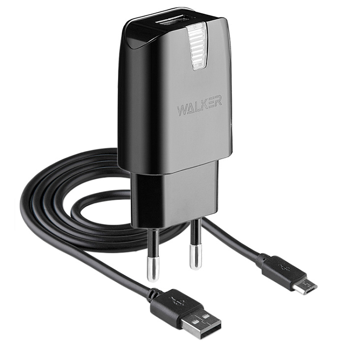 Сетевой адаптер WALKER 2в1 WH-21, 2.1А, 10,5Вт, USB, с кабелем micro, черное