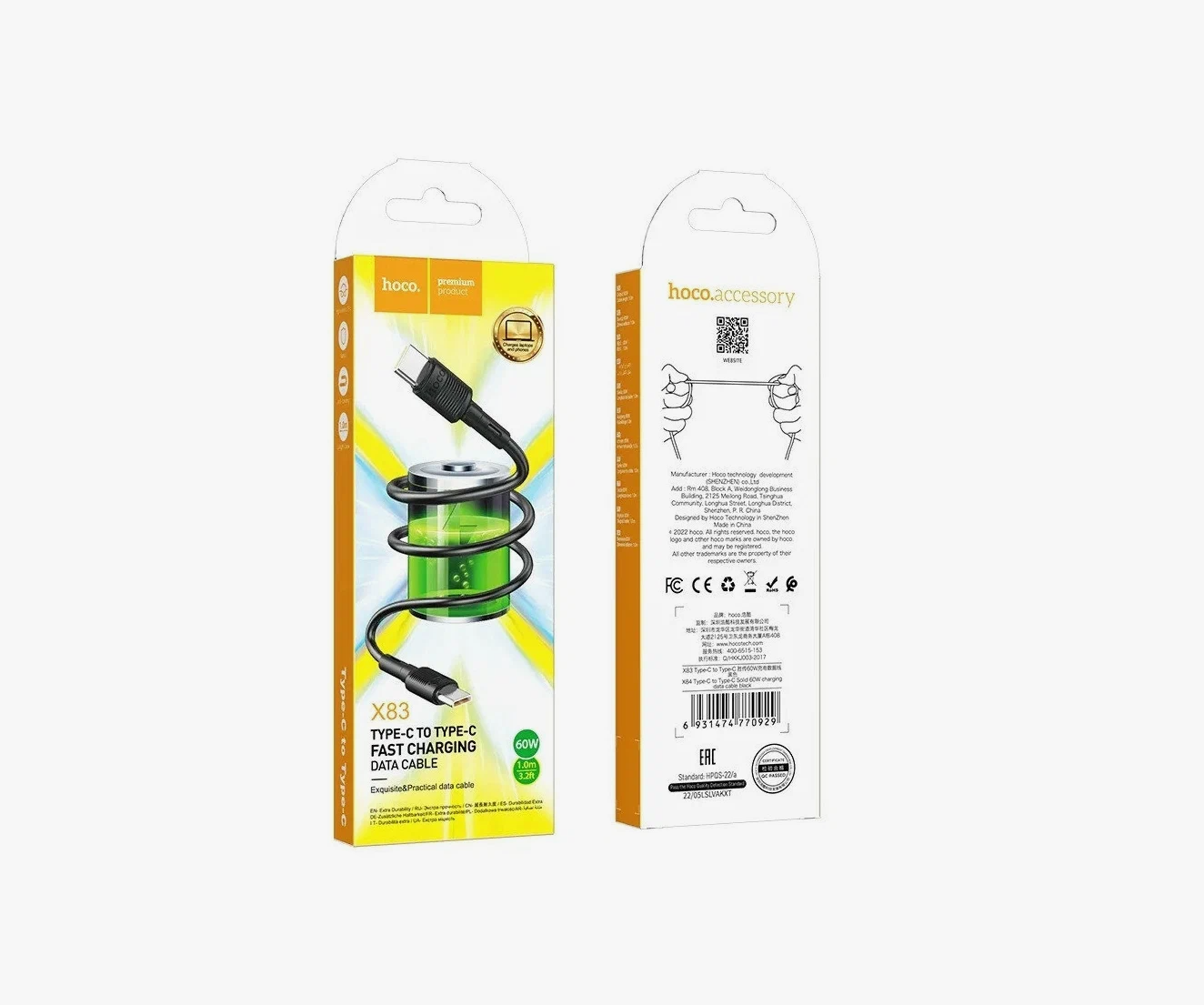 USB-C кабель HOCO X83 Victory 60W Type-С to Type-С (100см), черный