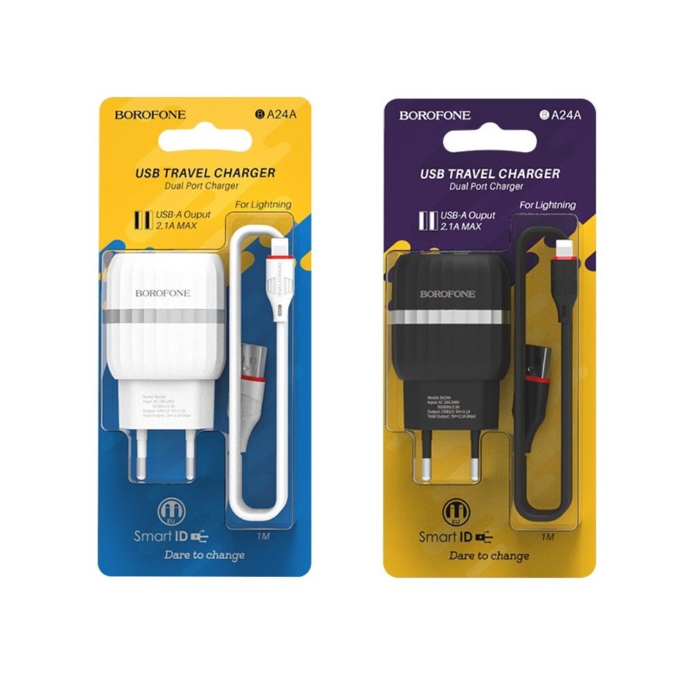 Сетевой адаптер BOROFONE BA24A Vigour dual port charger (2USB 2.4A) с кабелем Lightning, белый