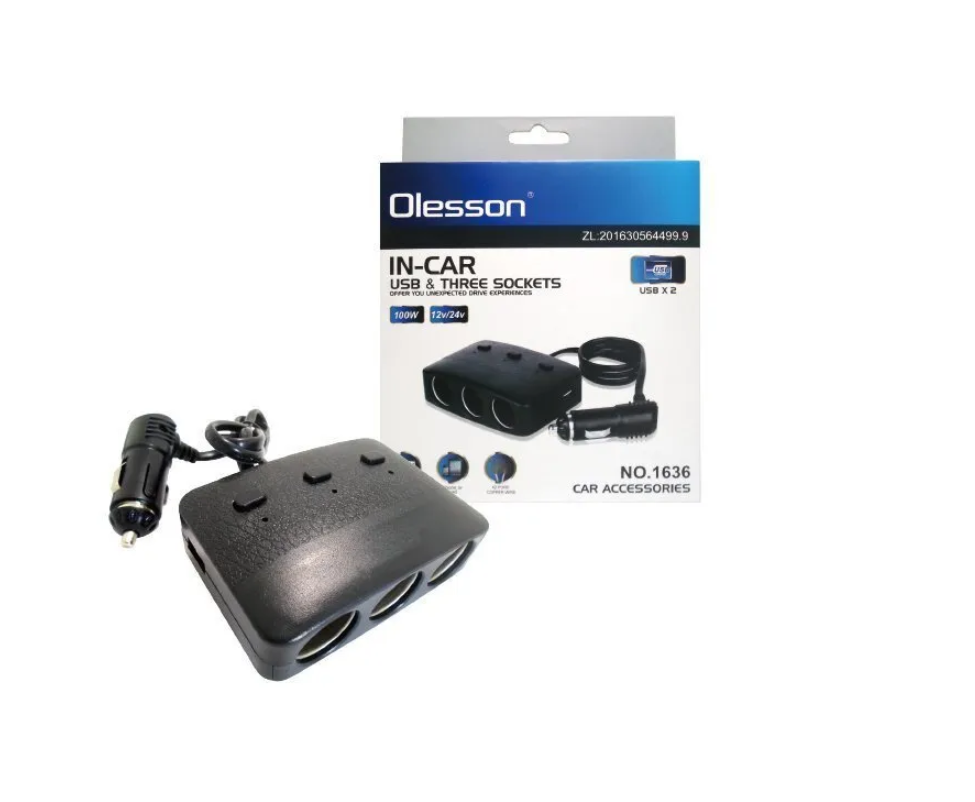Разветвитель розетки автоприкуривателя OLESSON 1636 (3 гнезда, 2USB, 100W) на проводе, черный