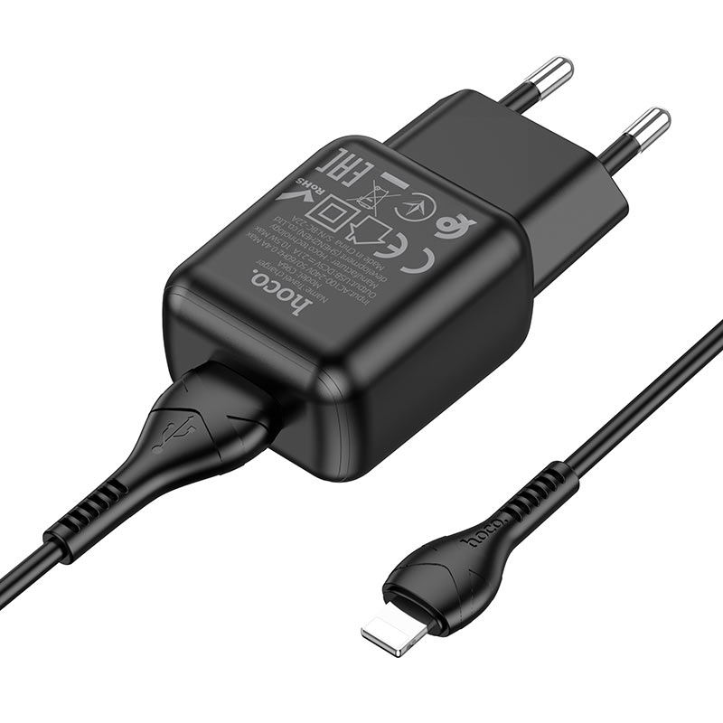Сетевой адаптер HOCO C96A (2.1A) single port charger set с кабелем Ligtning, черный