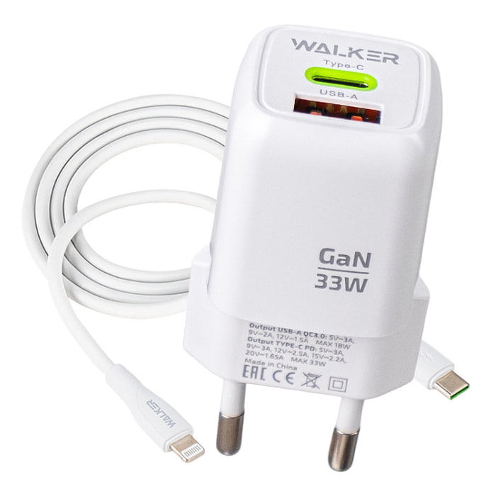Сетевой адаптер WALKER  WH-71 GaN, 3A, 33W, USB+USB-C + кабель Type-C to Lightning QC/PD, белый