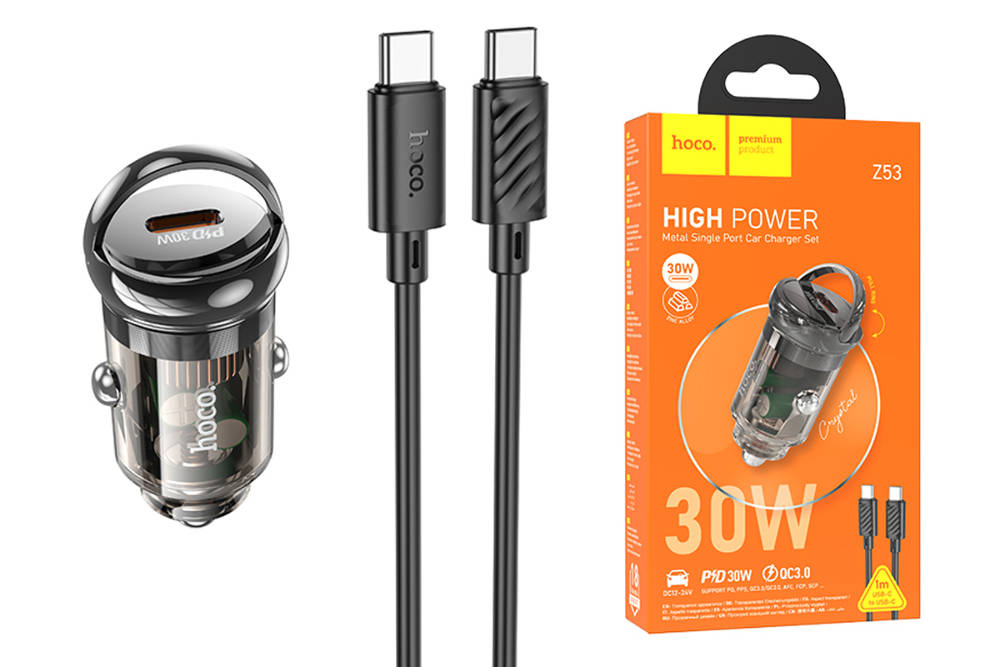 Автомобильный адаптер HOCO Z53 PD30W с кабелем Type-C to Type-C, прозрачный черный