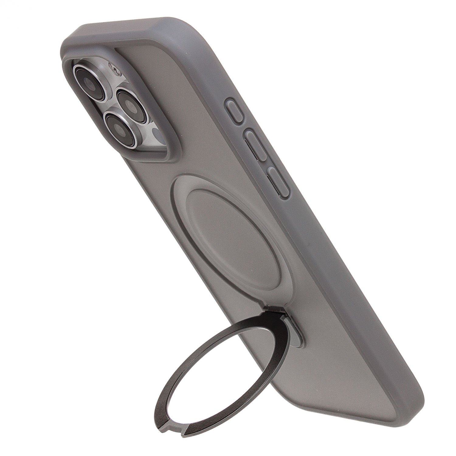 Чехол силиконовый MagSafe iPhone 15 Pro Max, с кольцом подставкой, серый