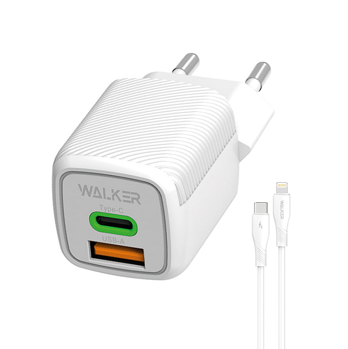 Сетевой адаптер WALKER  WH-71 GaN, 3A, 33W, USB+USB-C + кабель Type-C to Lightning QC/PD, белый