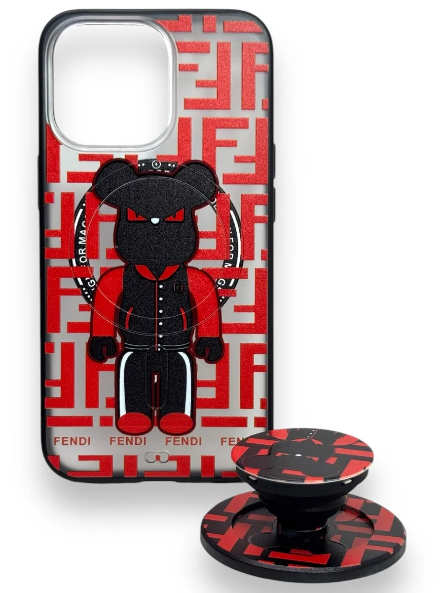 Чехол пластиковый с Magsafe и попсокетом для iPhone 13 Pro Max, Черный медведь
