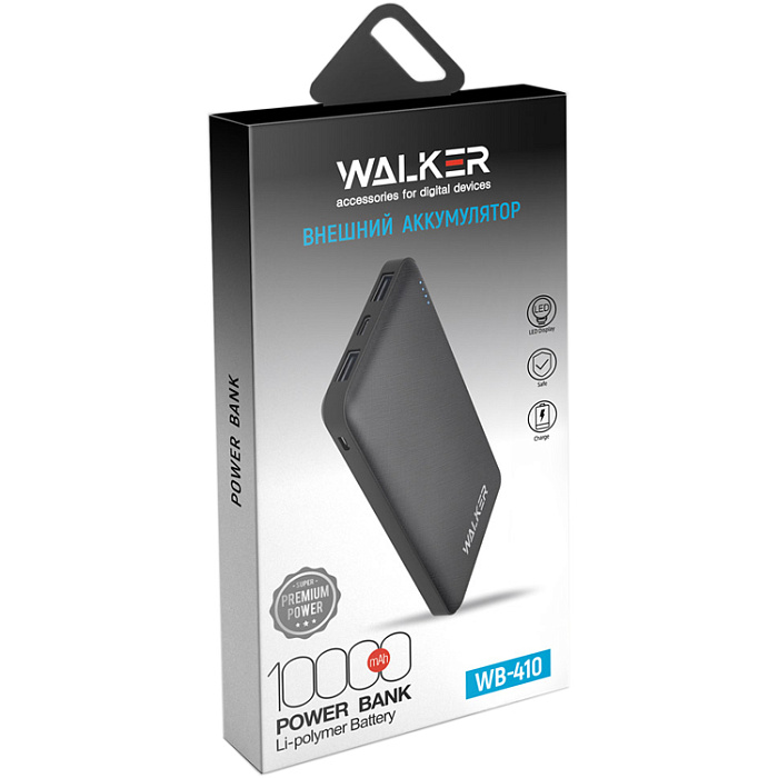 Внешний аккумулятор Power Bank 10000 mAh WALKER WB-410, черный