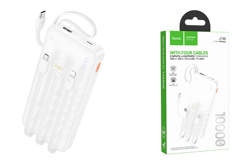 Внешний аккумулятор Power Bank 10000 mAh HOCO J146, с встроенными кабелями, черный