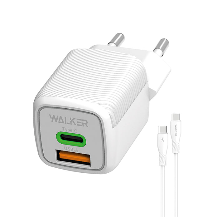 Сетевой адаптер WALKER  WH-71 GaN, 3A, 33W, USB+USB-C + кабель Type-C to Type-C QC/PD, белый