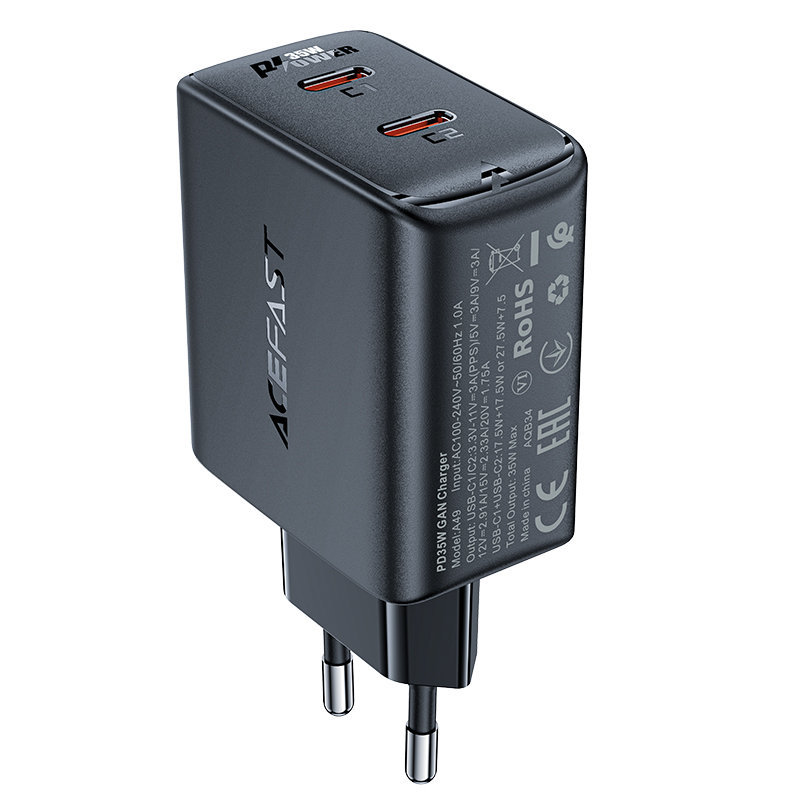 Сетевой адаптер ACEFAST A49 PD35W GAN USB-C + USB-C charger,защита по току и от перегрева, черный