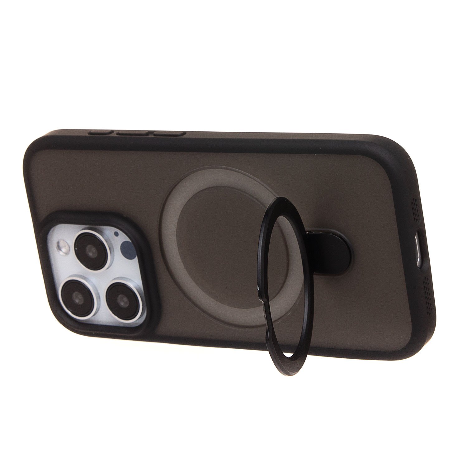 Чехол силиконовый MagSafe iPhone 15 Pro, с кольцом подставкой, черный