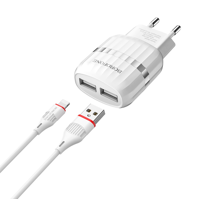 Сетевой адаптер BOROFONE BA24A Vigour dual port charger (2USB 2.4A) с кабелем Lightning, белый