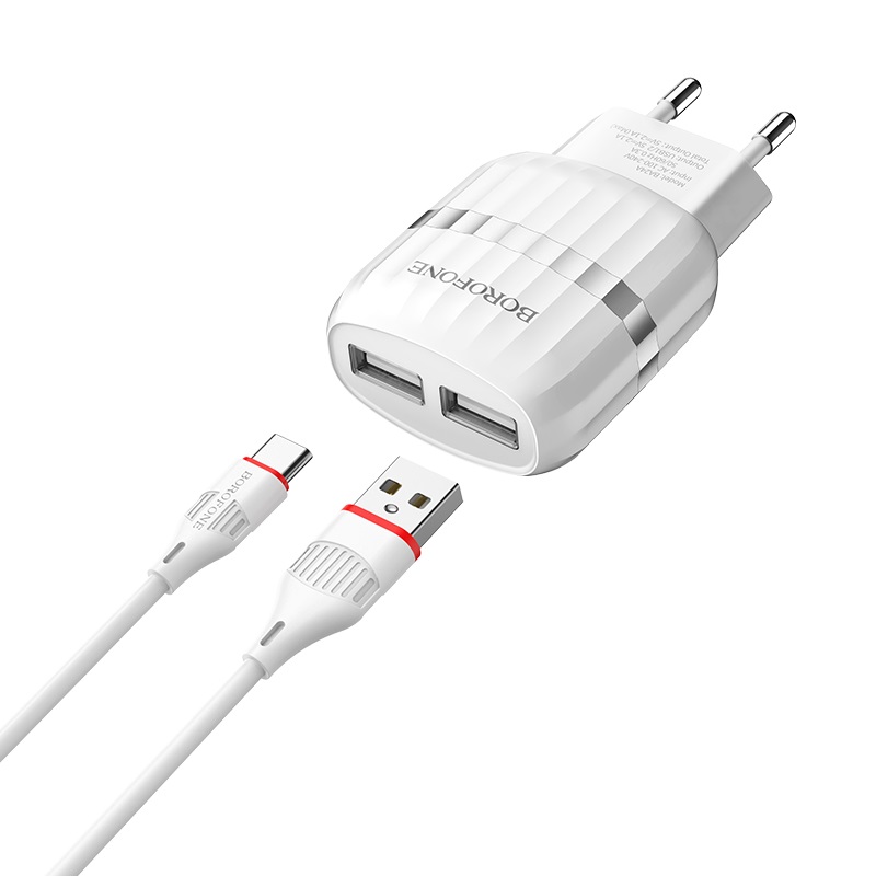 Сетевой адаптер BOROFONE BA24A Vigour dual port charger (2USB 2.4A) с кабелем Type-C, белый