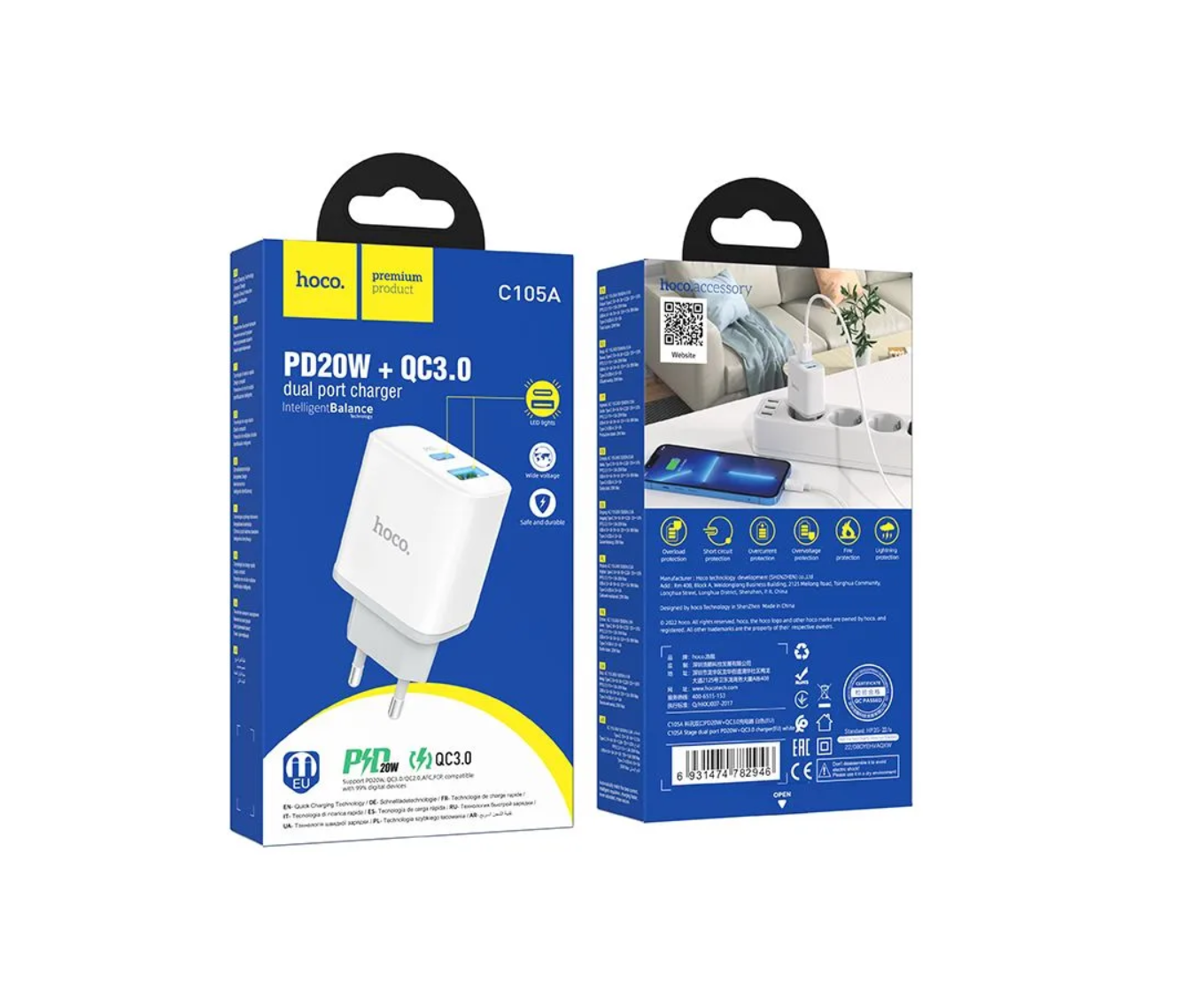 Сетевой адаптер HOCO C105A Stage dual port PD20W+QC3.0 charger, белый