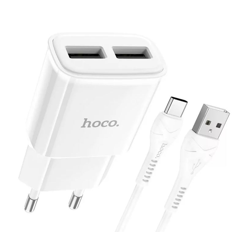 Сетевой адаптер HOCO C88A Star round (2.4A) 2 порта, набор с кабелем Type-C, белый
