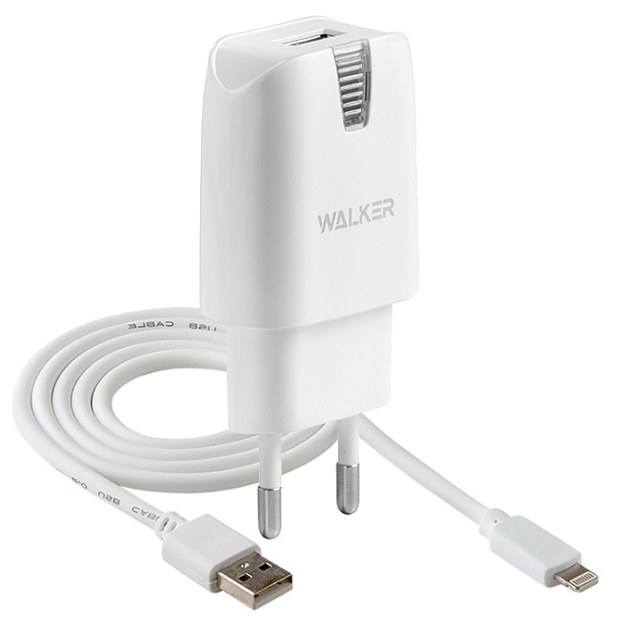 Сетевой адаптер WALKER 2в1 WH-21, 2.1А, 10,5Вт, USB, с кабелем Lightning, белое