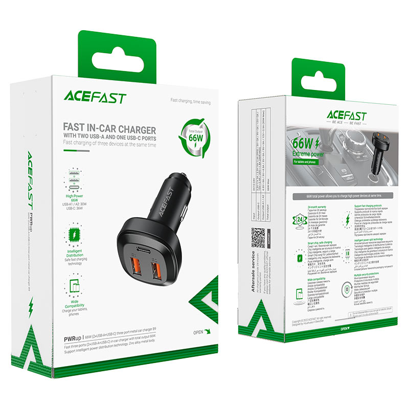 Автомобильный адаптер ACEFAST B9 66W (USB-C + 2*USB-A), черный