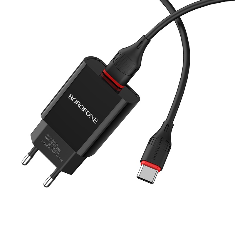 Сетевой адаптер BOROFONE BA20A (1 USB, 2.1A) с кабелем Type-C, черный
