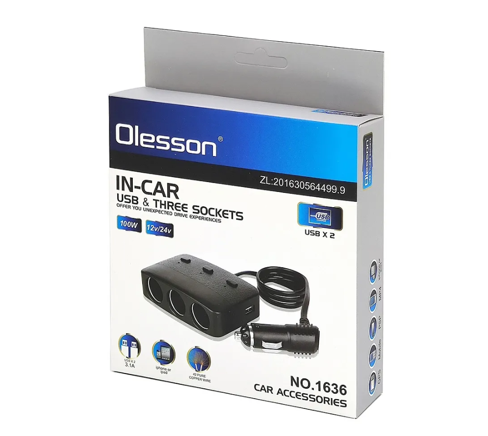 Разветвитель розетки автоприкуривателя OLESSON 1636 (3 гнезда, 2USB, 100W) на проводе, черный