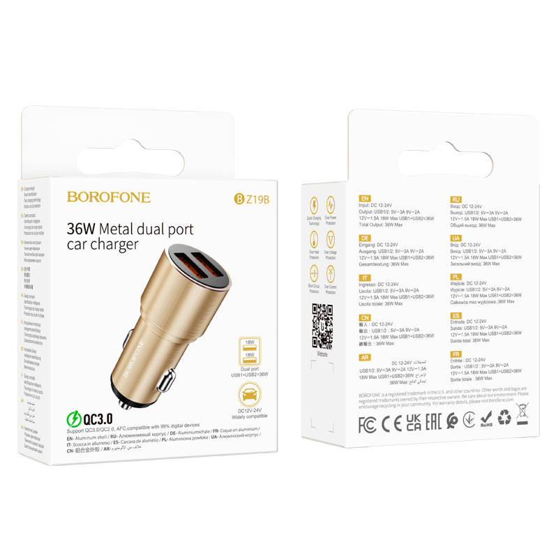 Автомобильный адаптер BOROFONE BZ19B  Wisdom 36W dual port QC3.0 car charger, золотой