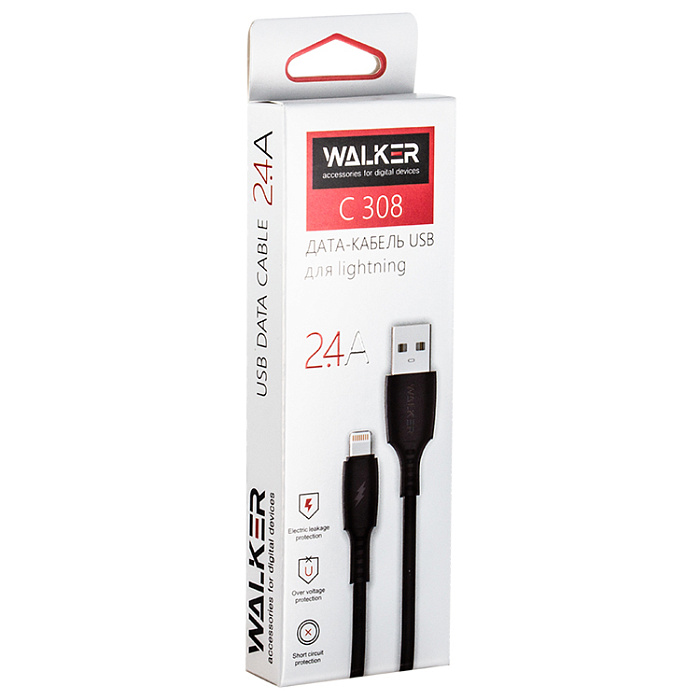 USB кабель Lightning WALKER C308, 2.4А,  QC, (100см), черный