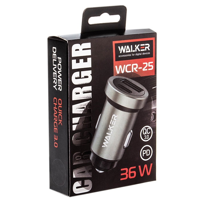 Автомобильный адаптер WALKER WCR-25 36W, USB-C/USB QC3.0 + PD, черный