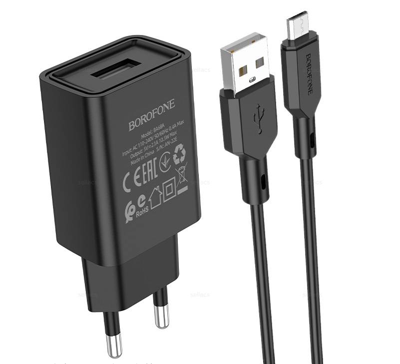 Сетевой адаптер BOROFONE BA68A Glacierl port charger (USB 2.1A) с кабелем Micro, черный