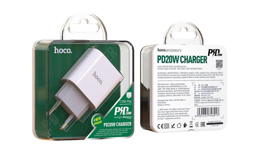 Сетевой адаптер HOCO C76A Plus Speed source USB-C PD 20W, 3A, QC3.0, белый