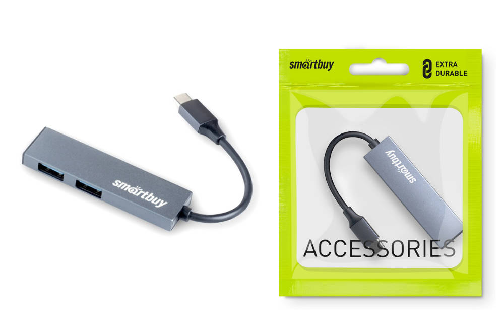 Разветвитель USB HUB Type-C Хаб Smartbuy 460С 2 порта USB 3.0, металл.корпус, серый
