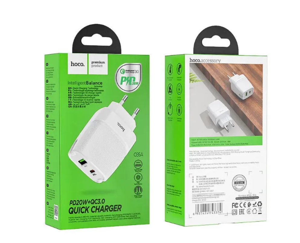 Сетевой адаптер HOCO C85A USB-C + USB PD 20W, белый