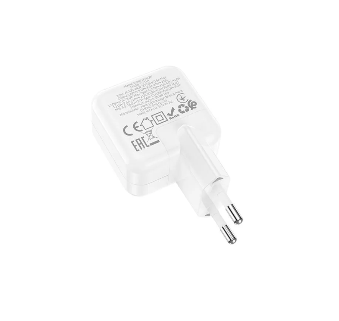 Сетевой адаптер HOCO C111A Lucky dual-port PD30W+QC3.0 charger, белый