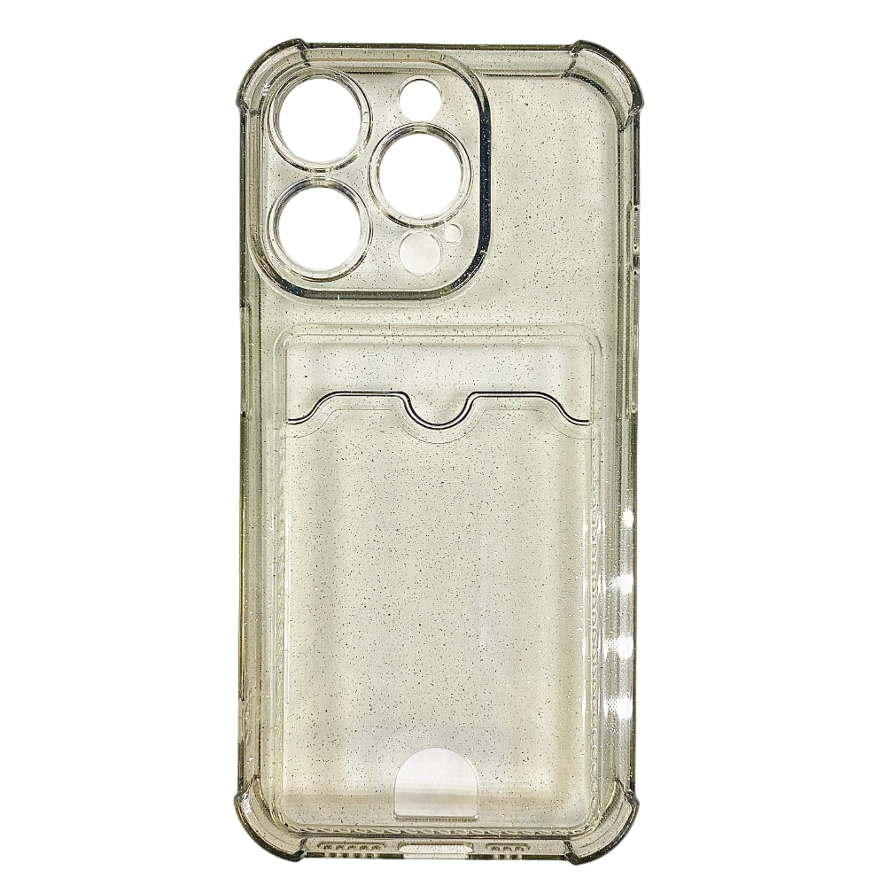 Чехол силиконовый с визитницей iPhone 15 Pro, прозрачный черный, с блестками