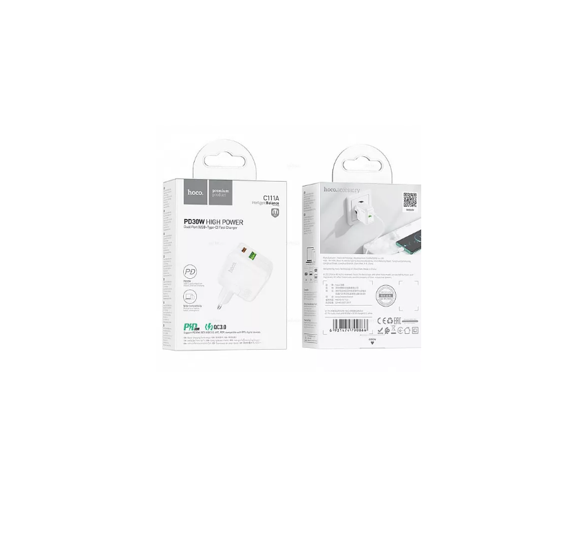 Сетевой адаптер HOCO C111A Lucky dual-port PD30W+QC3.0 charger, белый