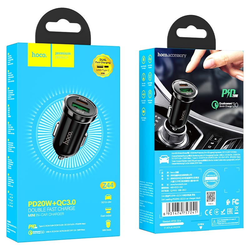 Автомобильный адаптер HOCO Z44 PD20W + QC3.0 без кабеля, черный