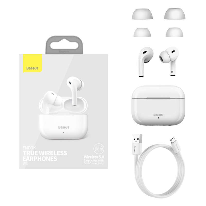 Беспроводные наушники BASEUS Encok True Wireless Earphones W3 Bluetooth (37 mAh), белые