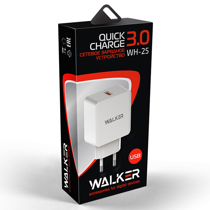Сетевой адаптер WALKER WH-25, 3А, 18Вт, USB, поддержка QC, белое