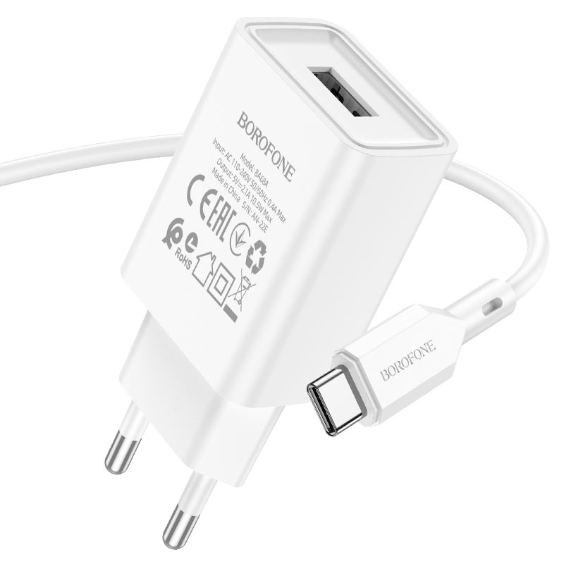 Сетевой адаптер BOROFONE BA101A Glacierl port charger (USB 2.1A) с кабелем Type-C, белый