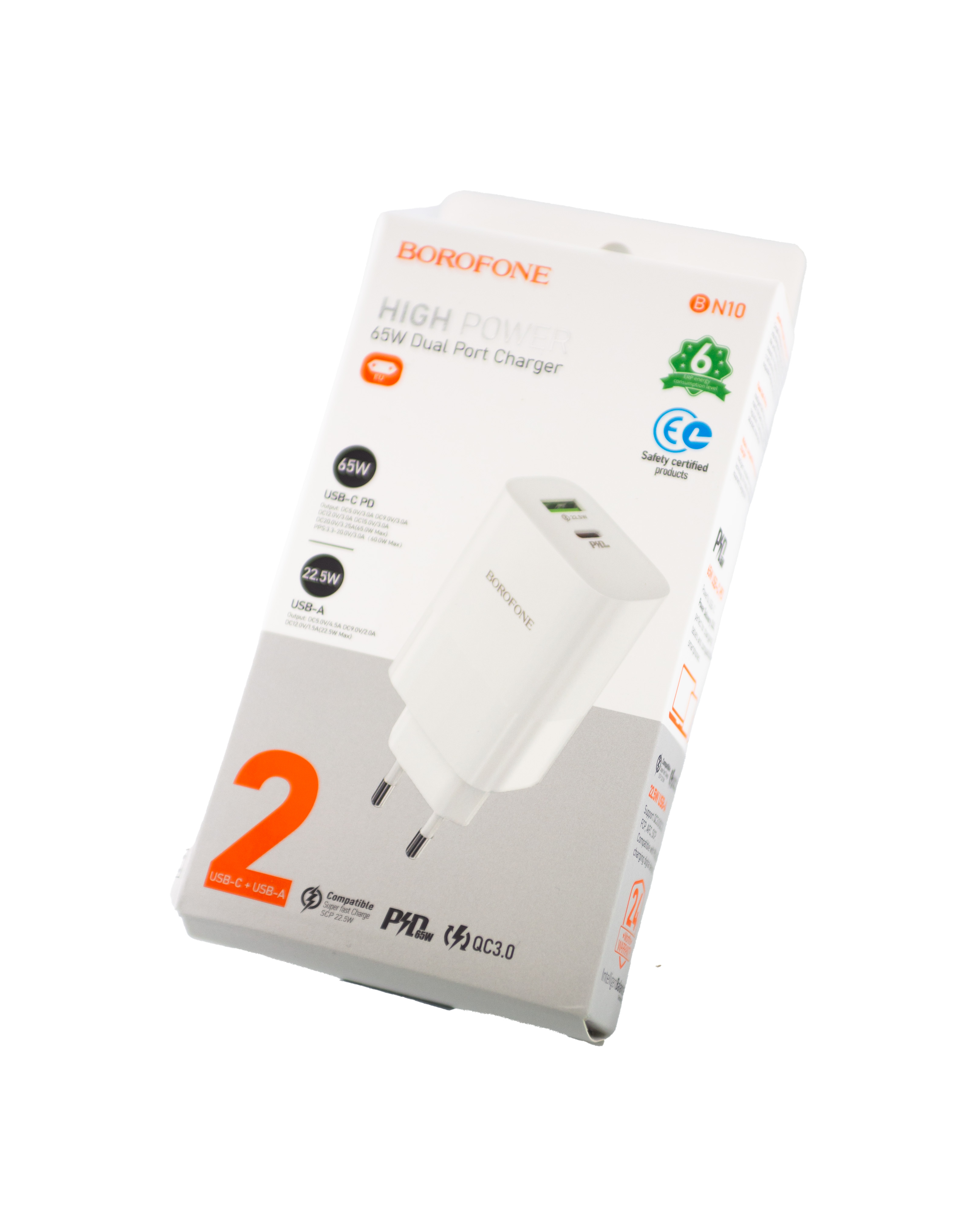 Сетевой адаптер BOROFONE BN10 Sunlight (USB-C 65W, USB 22.5W) без кабеля, белый