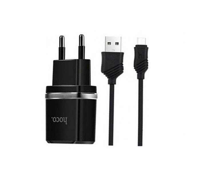 Сетевой адаптер HOCO C12 (2USB, 2.4A) с кабелем Micro, черный