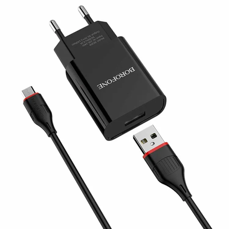 Сетевой адаптер BOROFONE BA20A (1 USB, 2.1A) с кабелем Micro, черный