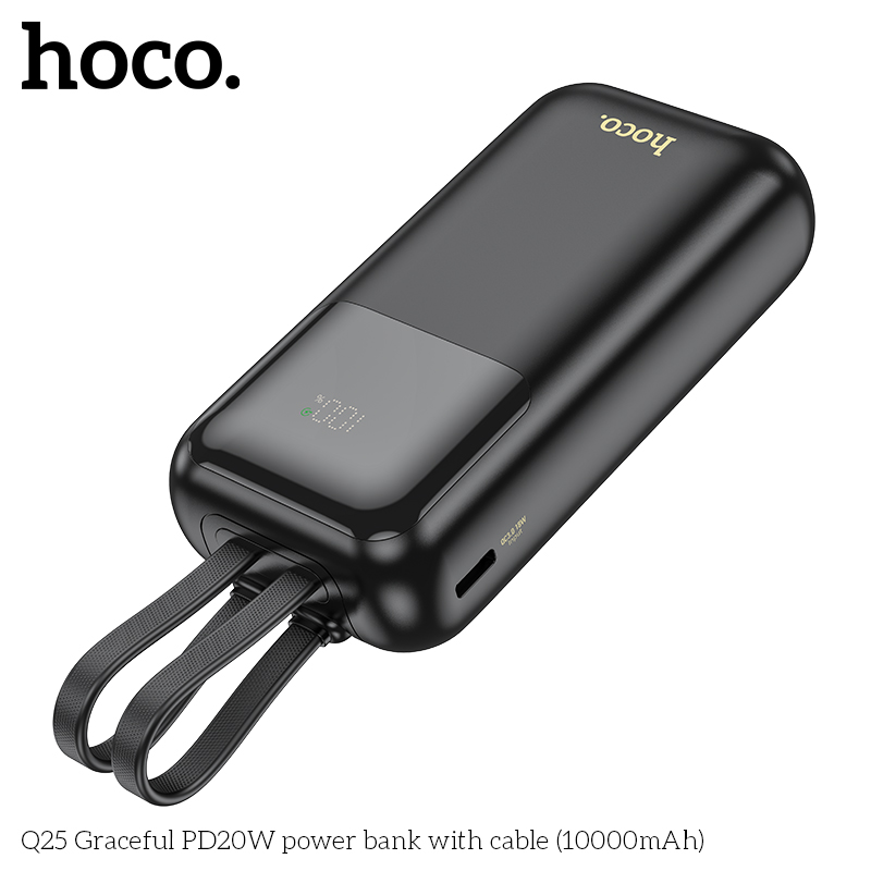 Внешний аккумулятор Power Bank 10000 mAh HOCO Q25 PD20W встроенные кабели для iPhone и TypeC, черный